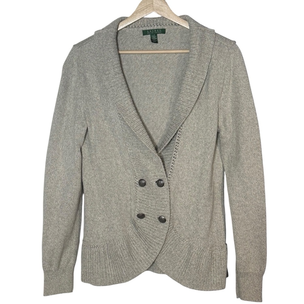 Lauren Ralph Lauren Shawl Collar Ruffle Hem Double Breasted Gray Cardigan Size L
